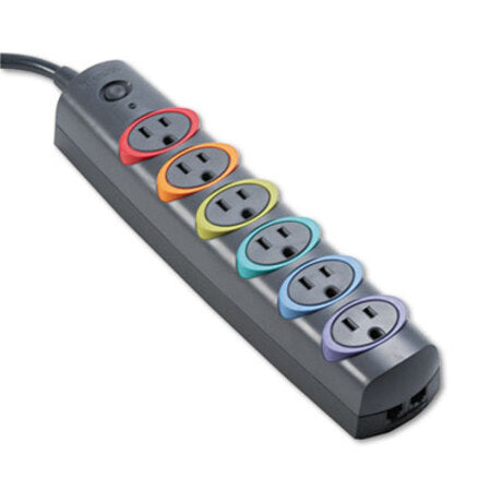 Kensington® SmartSockets Color-Coded Strip Surge Protector, 6 Outlets, 6 ft Cord, 670 Joules