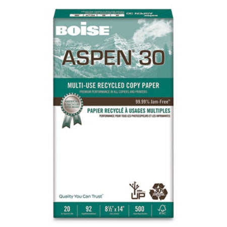 Boise® ASPEN 30 Multi-Use Recycled Paper, 92 Bright, 20lb, 8.5 x 14, White, 500 Sheets/Ream, 10 Reams/Carton