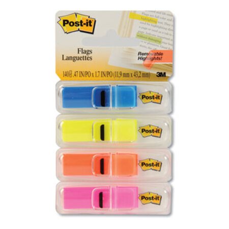 Post-it® Flags Highlighting Page Flags, 4 Bright Colors, 4 Dispensers, 1/2" x 1 3/4", 35/Color