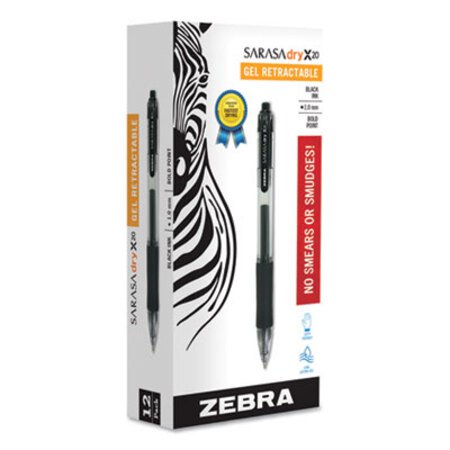zebra® Sarasa Dry Gel X20 Retractable Gel Pen, Bold 1mm, Black Ink, Smoke Barrel, Dozen