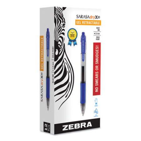 zebra® Sarasa Dry Gel X20 Retractable Gel Pen, Bold 1mm, Blue Ink, Translucent Blue Barrel, Dozen