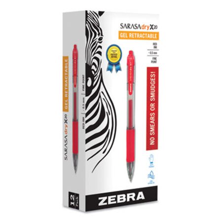 zebra® Sarasa Dry Gel X20 Retractable Gel Pen, Fine 0.5mm, Red Ink, Translucent Red Barrel, Dozen