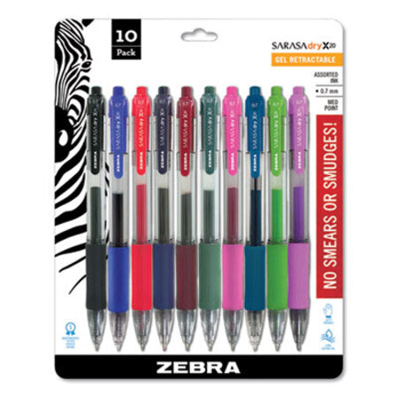 zebra® Sarasa Dry Gel X20 Retractable Gel Pen, Medium 0.7mm, Assorted Ink/Barrel, 10/Pack