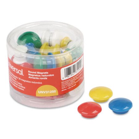 Universal® Assorted Magnets, Plastic, 5/8" dia, 1" dia, 1 5/8" dia, Asst Colors, 30/Pack