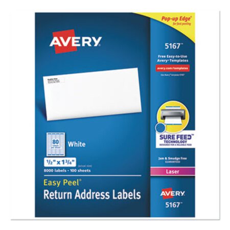 Avery® Easy Peel White Address Labels w/ Sure Feed Technology, Laser Printers, 0.5 x 1.75, White, 80/Sheet, 100 Sheets/Box
