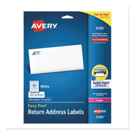 Avery® Easy Peel White Address Labels w/ Sure Feed Technology, Laser Printers, 0.66 x 1.75, White, 60/Sheet, 25 Sheets/Pack