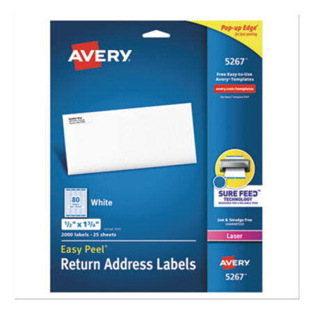Avery® Easy Peel White Address Labels w/ Sure Feed Technology, Laser Printers, 0.5 x 1.75, White, 80/Sheet, 25 Sheets/Pack
