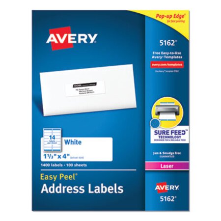 Avery® Easy Peel White Address Labels w/ Sure Feed Technology, Laser Printers, 1.33 x 4, White, 14/Sheet, 100 Sheets/Box