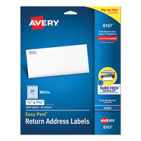 Avery® Easy Peel White Address Labels w/ Sure Feed Technology, Inkjet Printers, 0.5 x 1.75, White, 80/Sheet, 25 Sheets/Pack