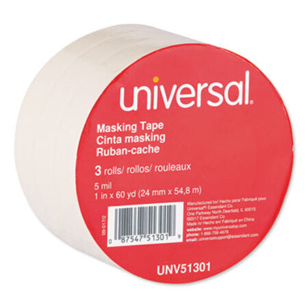 Universal® General-Purpose Masking Tape, 3" Core, 24 mm x 54.8 m, Beige, 3/Pack