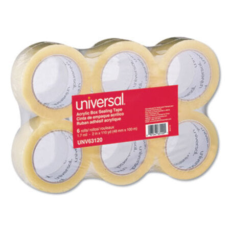 Universal® Deluxe General-Purpose Acrylic Box Sealing Tape, 3" Core, 1.88" x 110 yds, Clear, 6/Pack