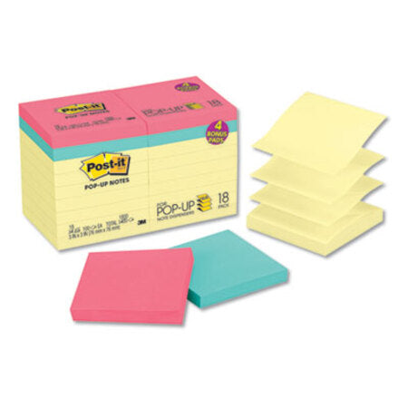 Post-it® Pop-up Notes Original Pop-up Notes Value Pack, 3 x 3, Canary/Cape Town, 100-Sheet, 18/Pack