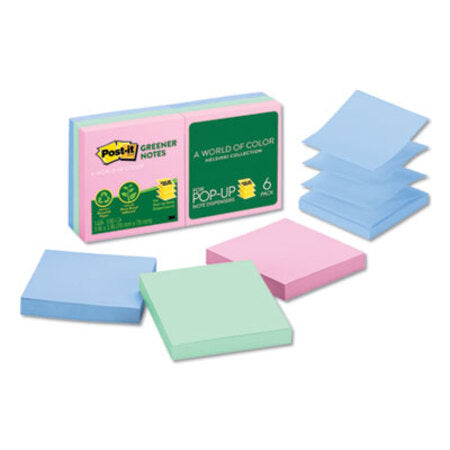 Post-it® Greener Notes Recycled Pop-up Notes, 3 x 3, Assorted Helsinki Colors, 100-Sheet, 6/Pack