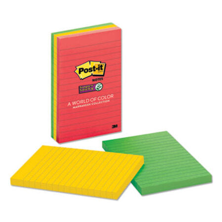 Post-it® Notes Super Sticky Pads in Marrakesh Colors, Lined, 4 x 6, 90-Sheet, 3/Pack