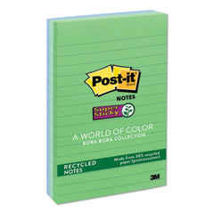 Post-it® Notes Super Sticky Recycled Notes in Bora Bora Colors, Lined, 4 x 6, 90-Sheet, 3/Pack