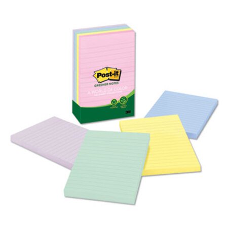 Post-it® Greener Notes Recycled Note Pads, Lined, 4 x 6, Assorted Helsinki Colors, 100-Sheet, 5/Pack