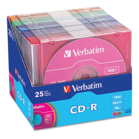 Verbatim® CD-R Discs, 700MB/80min, 52x, Slim Jewel Cases, Assorted Colors, 25/Pack