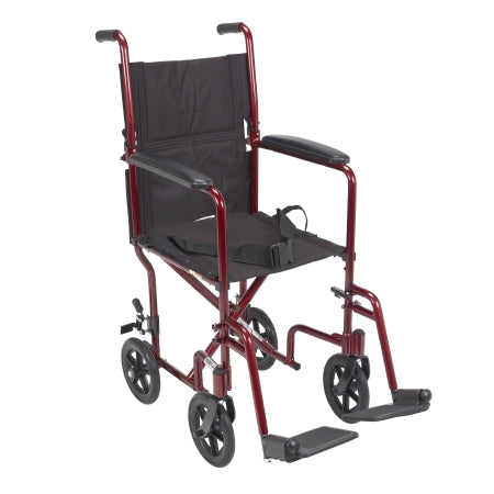 Drive Medical Lightweight Transport Chair Aluminum Frame with Red Finish 300 lbs. Weight Capacity Fixed Height / Padded Arm Black Upholstery