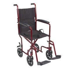 Drive Medical Lightweight Transport Chair Aluminum Frame with Red Finish 300 lbs. Weight Capacity Fixed Height / Padded Arm Black Upholstery