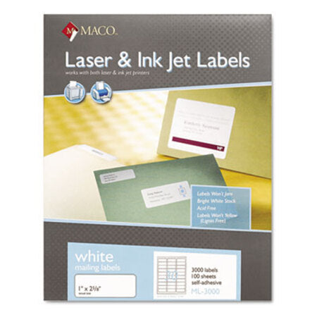 MACO® White Laser/Inkjet Shipping and Address Labels, Inkjet/Laser Printers, 1 x 2.63, White, 30/Sheet, 100 Sheets/Box