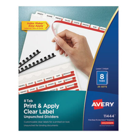 Avery® Print and Apply Index Maker Clear Label Unpunched Dividers, 8-Tab, Ltr, 25 Sets