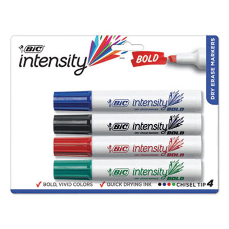 Bic® Intensity Bold Tank-Style Dry Erase Marker, Broad Chisel, Assorted Colors, 4/Set