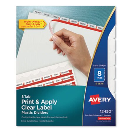 Avery® Print and Apply Index Maker Clear Label Plastic Dividers with Printable Label Strip, 8-Tab, 11 x 8.5, Translucent, 5 Sets