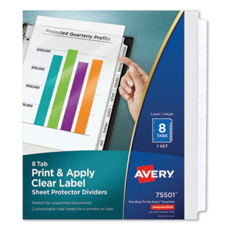 Avery® Print and Apply Index Maker Clear Label Sheet Protector Dividers with White Tabs, 8-Tab, 11 x 8.5, Clear, 1 Set