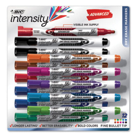Bic® Intensity Pocket-Style Advanced Dry Erase Marker, Medium Bullet Tip, Assorted, Dozen