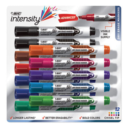 Bic® Intensity Tank-Style Advanced Dry Erase Marker, Broad Bullet Tip, Assorted, Dozen