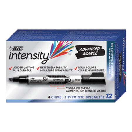 Bic® Intensity Tank-Style Advanced Dry Erase Marker, Broad Chisel Tip, Black, Dozen