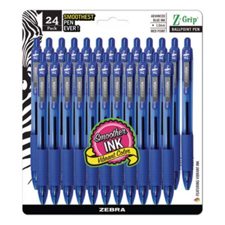 zebra® Z-Grip Retractable Ballpoint Pen, Medium 1 mm, Blue Ink, Clear Barrel, 24/Pack