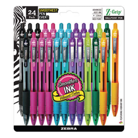 zebra® Z-Grip Retractable Ballpoint Pen, 1 mm, Assorted Ink, Clear Barrel, 24/Pack