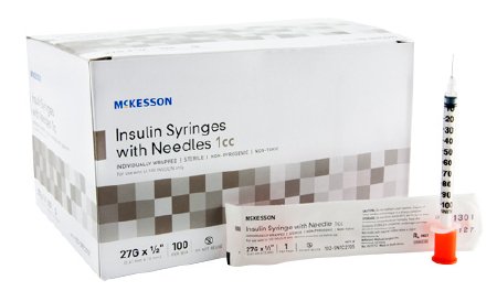 Insulin Syringe with Needle McKesson 1 mL 27 Gauge 1/2 Inch Attached Needle Without Safety - M-629838-3754 - Box of 100