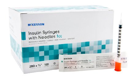 Insulin Syringe with Needle McKesson 1 mL 28 Gauge 1/2 Inch Attached Needle Without Safety - M-629839-1159 - Box of 100