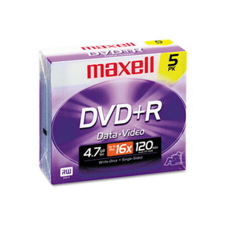 Maxell® DVD+R Discs, 4.7GB, 16x, w/Jewel Cases, Silver, 5/Pack