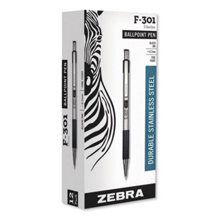 zebra® F-301 Retractable Ballpoint Pen, 0.7 mm, Black Ink, Stainless Steel/Black Barrel