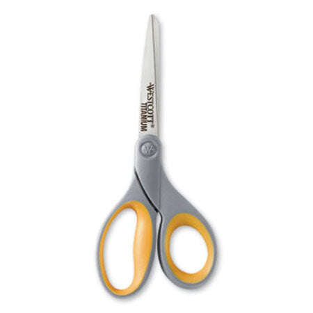 Westcott® Titanium Bonded Scissors, 8" Long, 3.5" Cut Length, Gray/Yellow Straight Handle