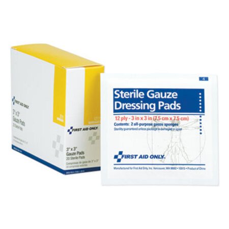First Aid Only™ Gauze Dressing Pads, 3" x 3", 10/Box