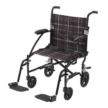 Drive Medical Transport Wheelchair drive™ Fly-Lite Aluminum Frame with Black Finish 300 lbs. Weight Capacity Full Length / Fixed Height / Padded Arm Black / White / Red Plaid Upholstery