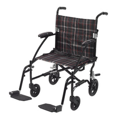 Drive Medical Transport Wheelchair drive™ Fly-Lite Aluminum Frame with Black Finish 300 lbs. Weight Capacity Full Length / Fixed Height / Padded Arm Black / White / Red Plaid Upholstery