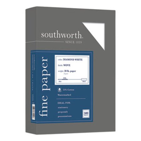 Southworth® 25% Cotton Diamond White Business Paper, 95 Bright, 20 lb, 8.5 x 11, 500/Ream