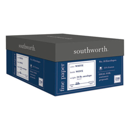 Southworth® 25% Cotton #10 Business Envelope, #10, Commercial Flap, Gummed Closure, 4.13 x 9.5, White, 250/Box