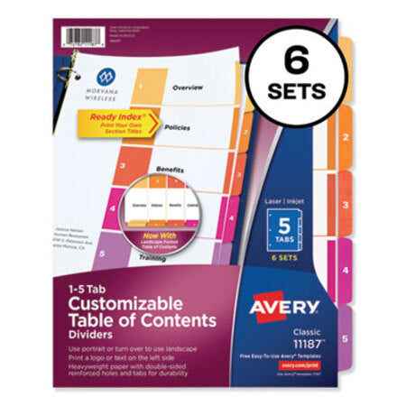 Avery® Customizable TOC Ready Index Multicolor Dividers, 5-Tab, Letter, 6 Sets