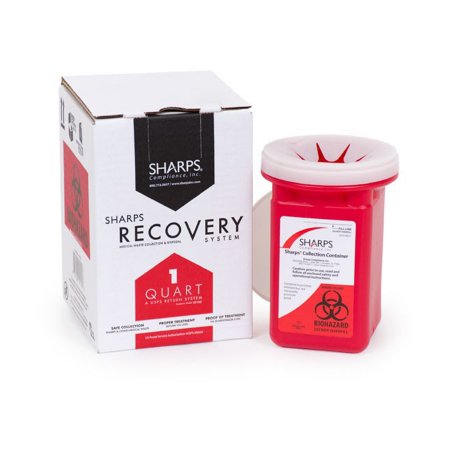 Sharps Compliance Mailback Sharps Container Sharps Recovery System™ 4-1/2 L X 4-1/2 W X 7 H Inch 1 Quart Red Base / Translucent Lid Vertical Entry Snap On Lid - M-639110-2333 - Each