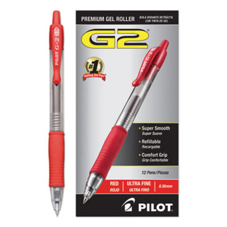Pilot® G2 Premium Retractable Gel Pen, Ultra-Fine 0.38 mm, Red Ink, Clear/Red Barrel