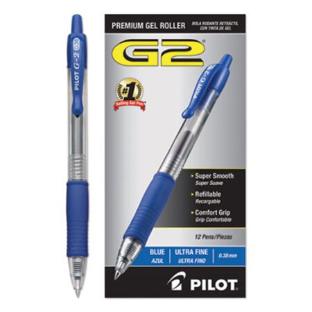 Pilot® G2 Premium Retractable Gel Pen, 0.38 mm, Blue Ink, Clear/Blue Barrel, Dozen