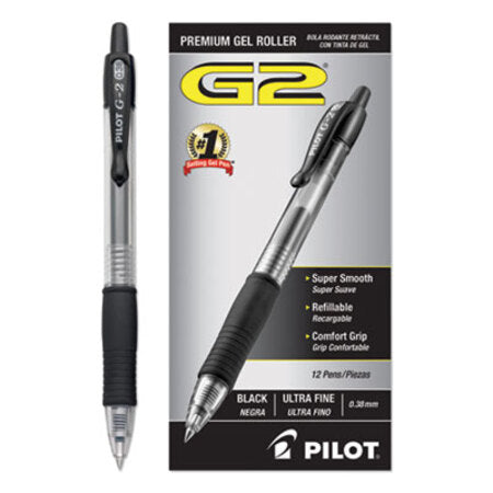 Pilot® G2 Premium Retractable Gel Pen, 0.38 mm, Black Ink, Clear/Black Barrel, Dozen