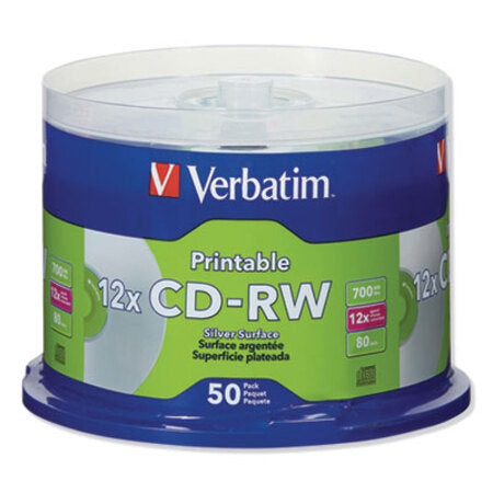 Verbatim® CD-RW Discs, Printable, 700MB/80min, 12X, Spindle, Silver, 50/Pack