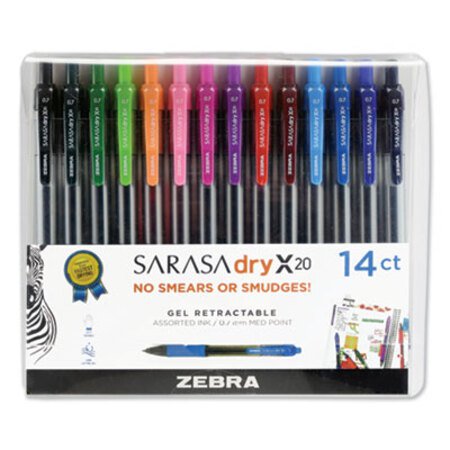 zebra® Sarasa Dry Gel X20 Retractable Gel Pen, Medium 0.7mm, Assorted Ink/Barrel, 14/Pack